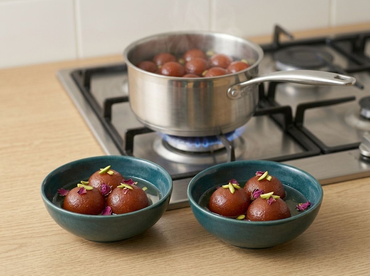 Warmed gulab jamun served three to a teal bowl with syrup, slivered pistachios and dried rose petals