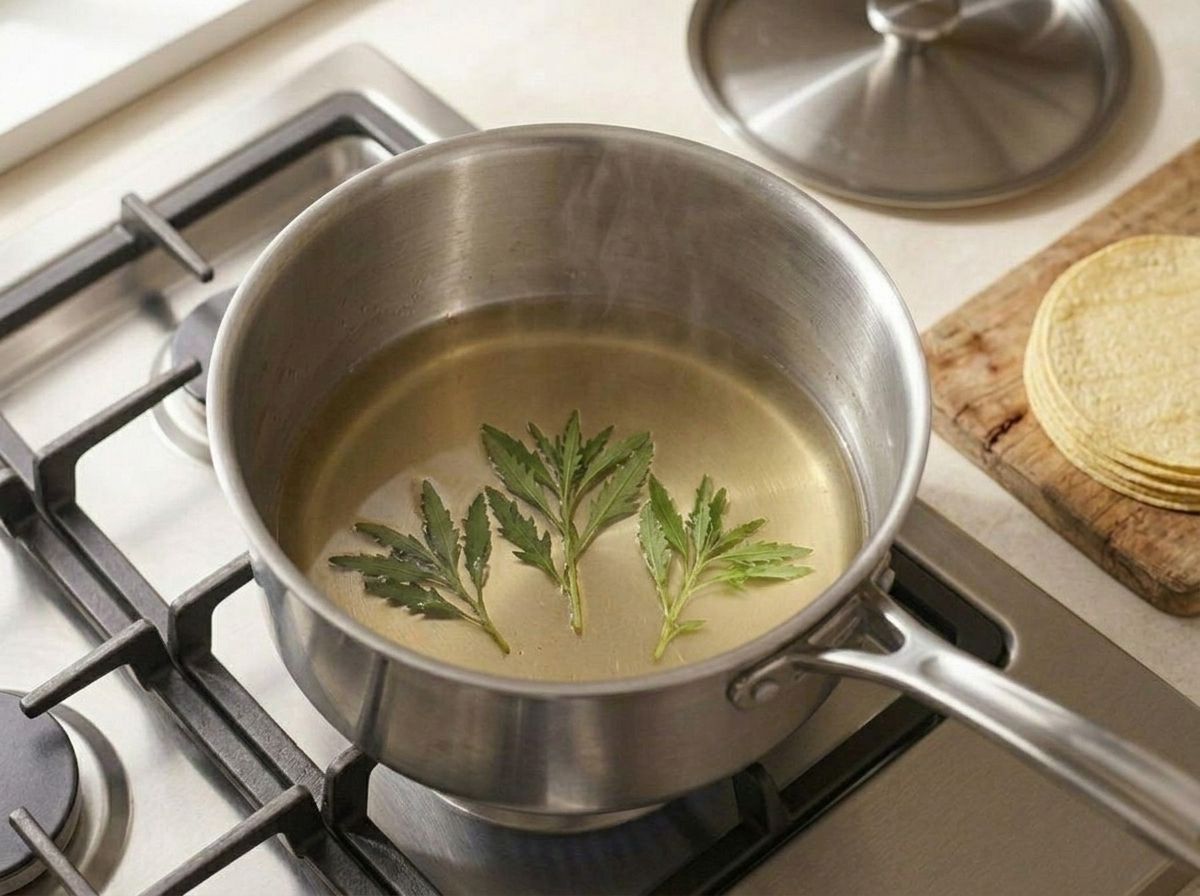 Vegetable broth simmering with epazote to infuse it