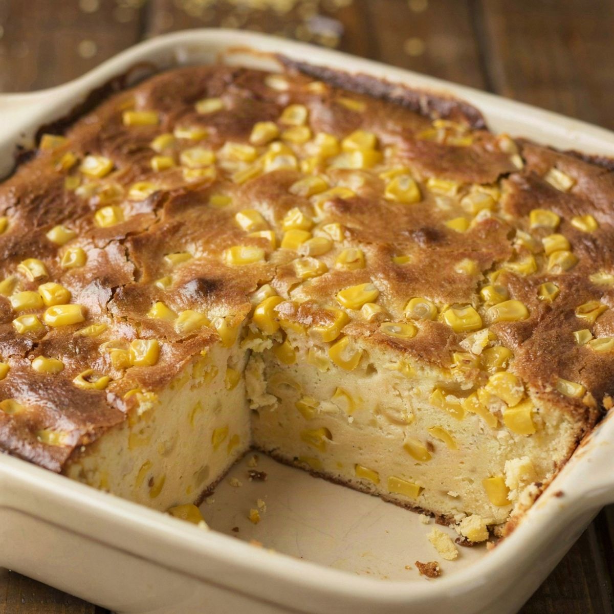 Vegetarian corn casserole in a cream stoneware baking dish, a deep golden browned top studded with whole corn kernels and one corner portion lifted out to show the soft pale yellow inside.