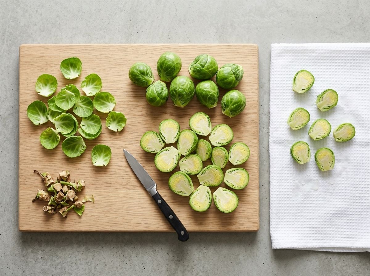 Brussels sprouts being trimmed and halved on a board, loose leaves saved to one side and halves patted dry on a towel.