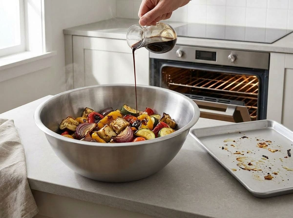 Balsamic vinegar being poured over the warm roasted vegetables in the mixing bowl, the emptied baking sheet alongside