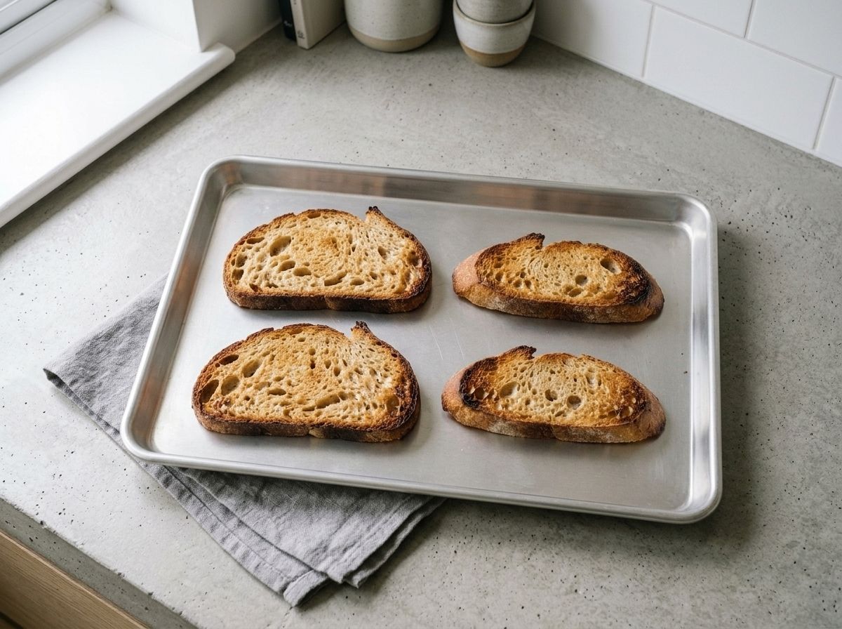 Four thick slices of sourdough toasted dry and crisp on a baking sheet