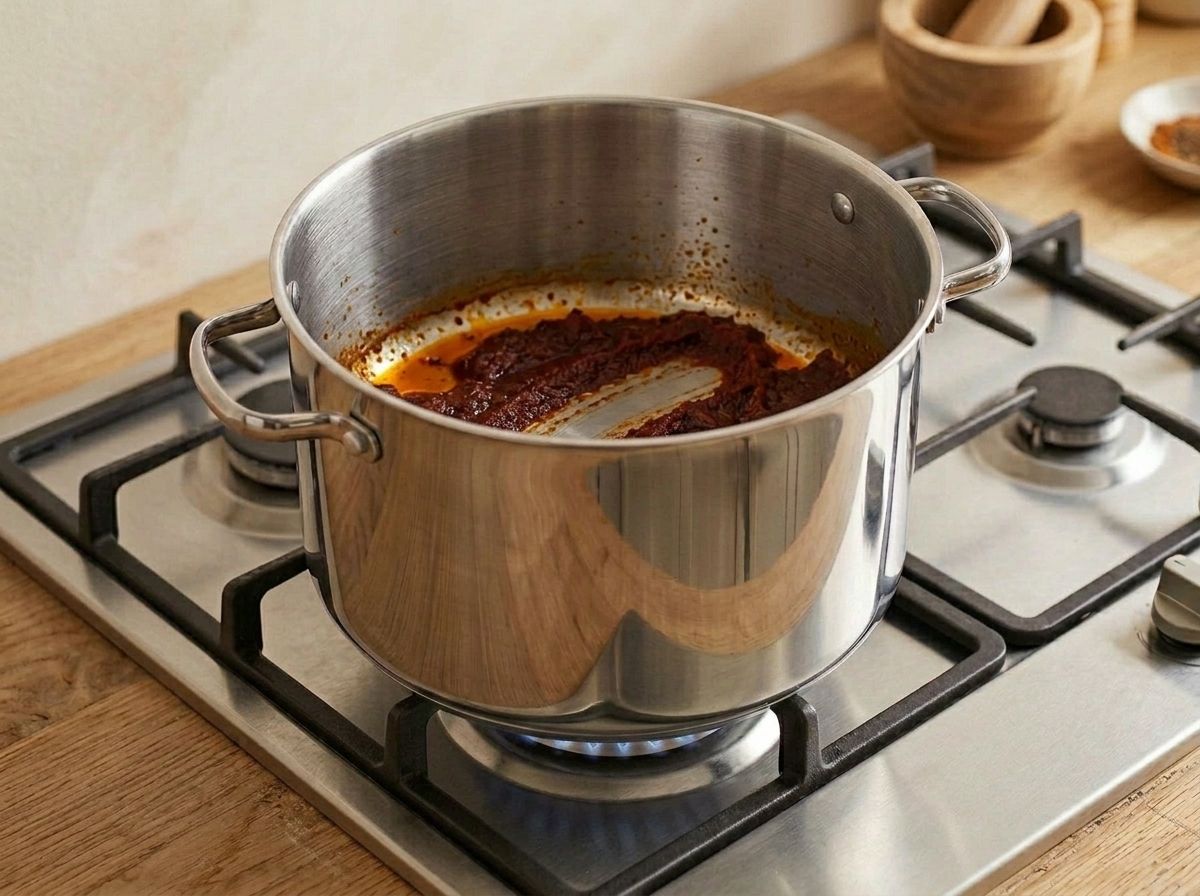Chile and tomato purée fried down to a dark brick paste, a spoon trail holding across the bare pot base