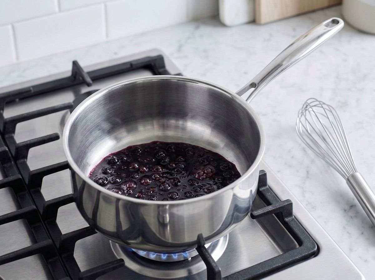Blueberries, maple syrup and cornstarch boiling down to a thick dark base in a stainless steel saucepan