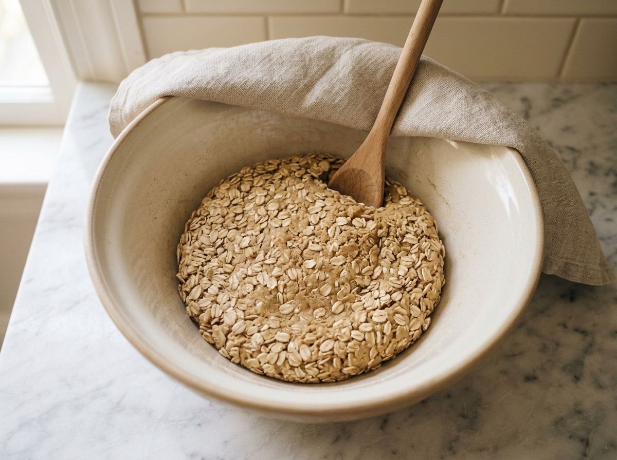 The rested oat cookie dough, thick enough to hold a wooden spoon upright, a linen cloth ready to cover it