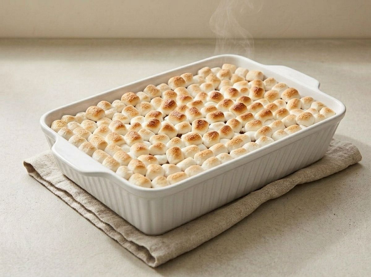 Mini marshmallows toasted to golden brown over the baked base after a few minutes back in the oven