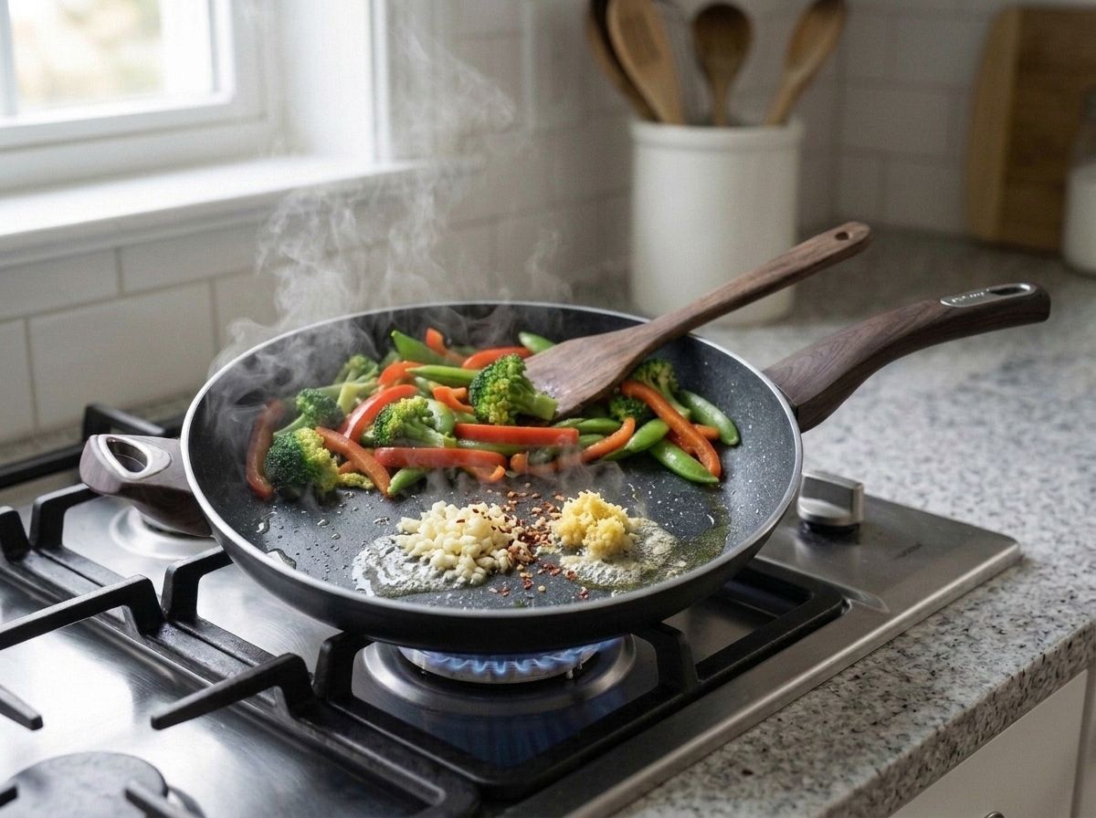 Garlic and ginger sizzling in a bare crescent of the pan, the vegetables pushed aside