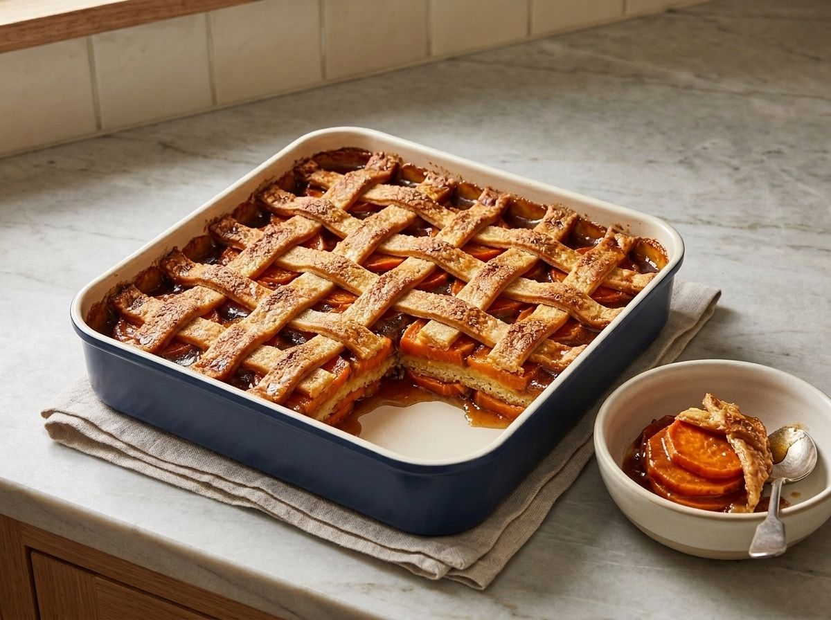 Baked sweet potato cobbler with one portion spooned out, showing the pastry layer inside