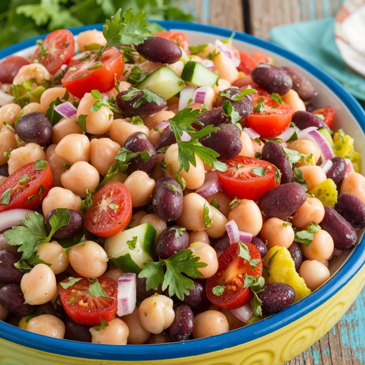 A colorful bean and chickpea salad with chickpeas, kidney beans, black beans, cucumber, tomatoes, and parsley in a bowl on a wooden table.