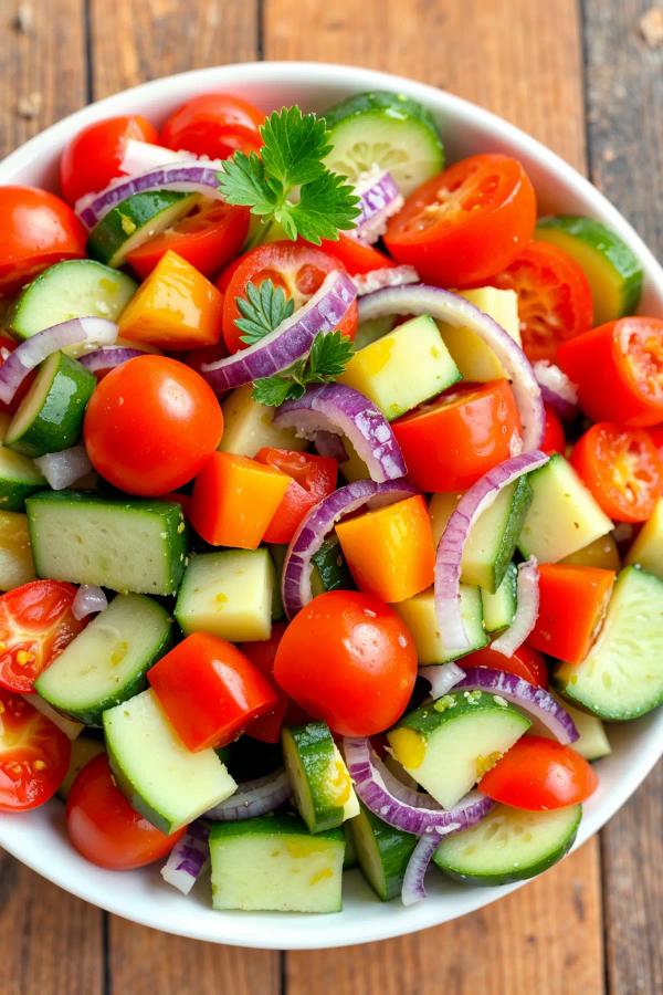 A colorful salad with cherry tomatoes, cucumbers, diced bell peppers, red onions, topped with parsley, on a rustic table.