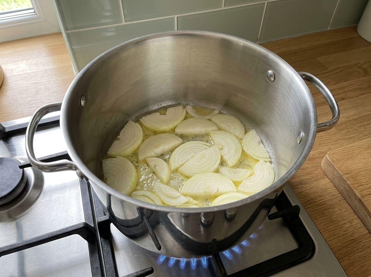Half-moon slices of yellow onion softening in melted vegan butter in the bottom of a steel pot.