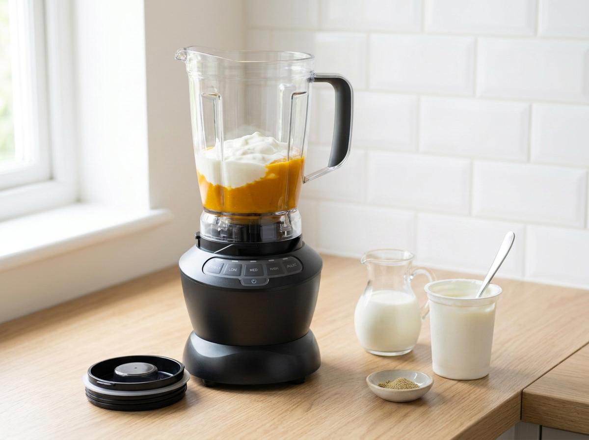 Yogurt tipped over the mango pulp in the blender jug, with milk and cardamom beside