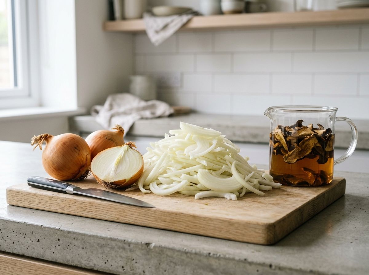Sliced yellow onions heaped on a board beside dried porcini soaking in a jug of amber water