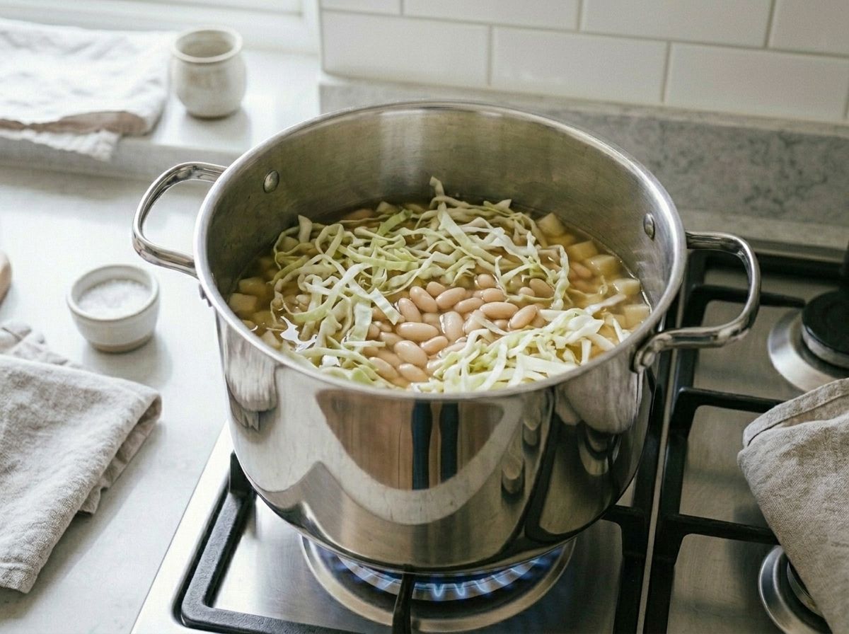 Shredded cabbage and white beans added to the pot of broth and potatoes