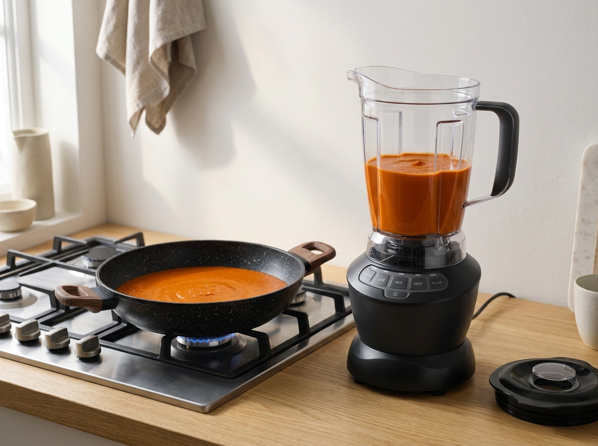 The cooked tomato and cashew sauce blended smooth and poured back into the skillet.