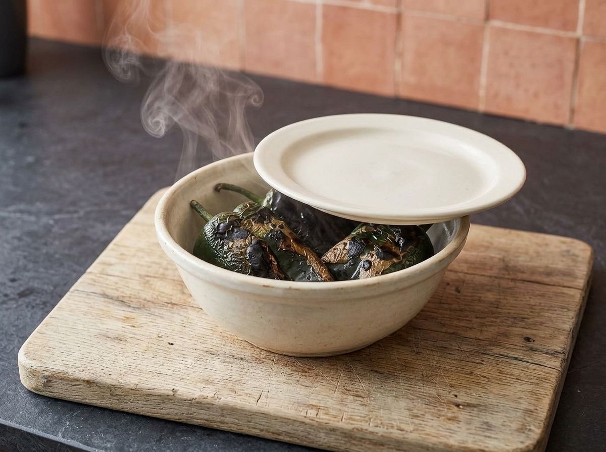 Charred poblanos steaming in a covered bowl, the plate slid back to show them