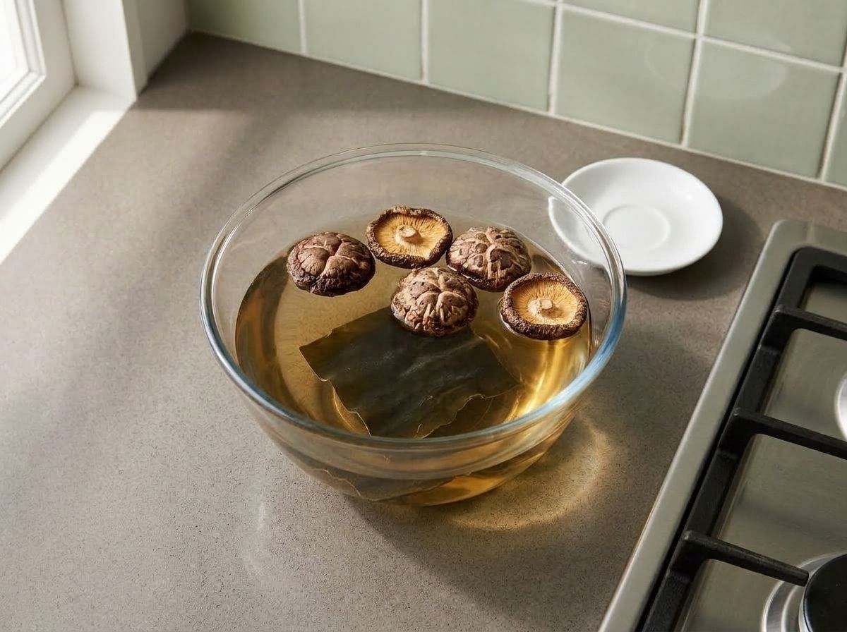 Dried kelp and whole dried shiitake soaking in a glass bowl of hot water that has turned pale amber