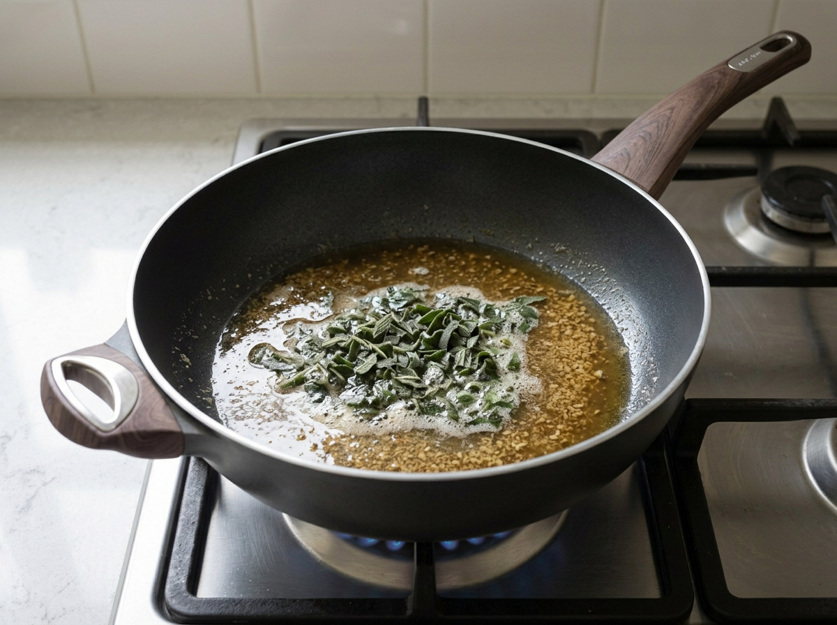 Vegan butter browned to nutty amber in a skillet with chopped sage sizzling in it.