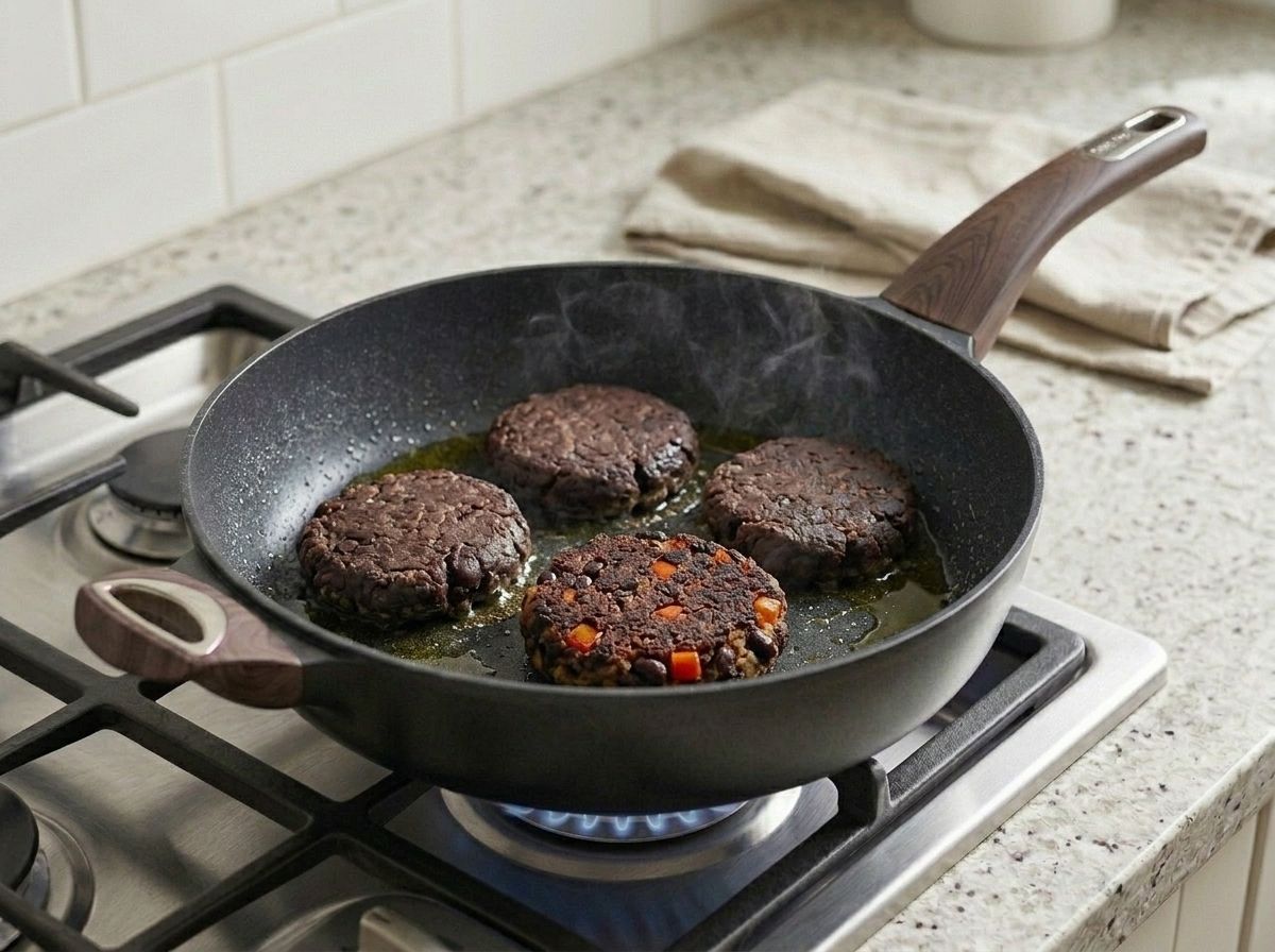 Four black bean patties frying in a skillet, the front one flipped to show its dark crust.