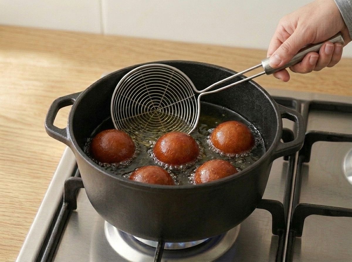 Dough balls frying slowly in pale golden fat, moved around with a spider skimmer until they turn a deep reddish brown
