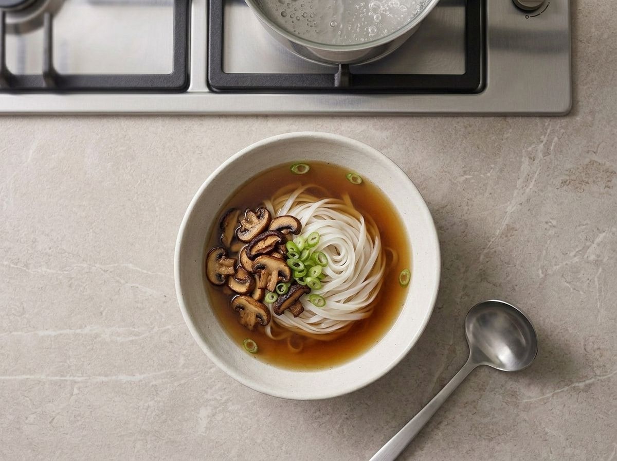 A bowl of white rice noodles topped with seared mushrooms and scallion, clear amber broth ladled over