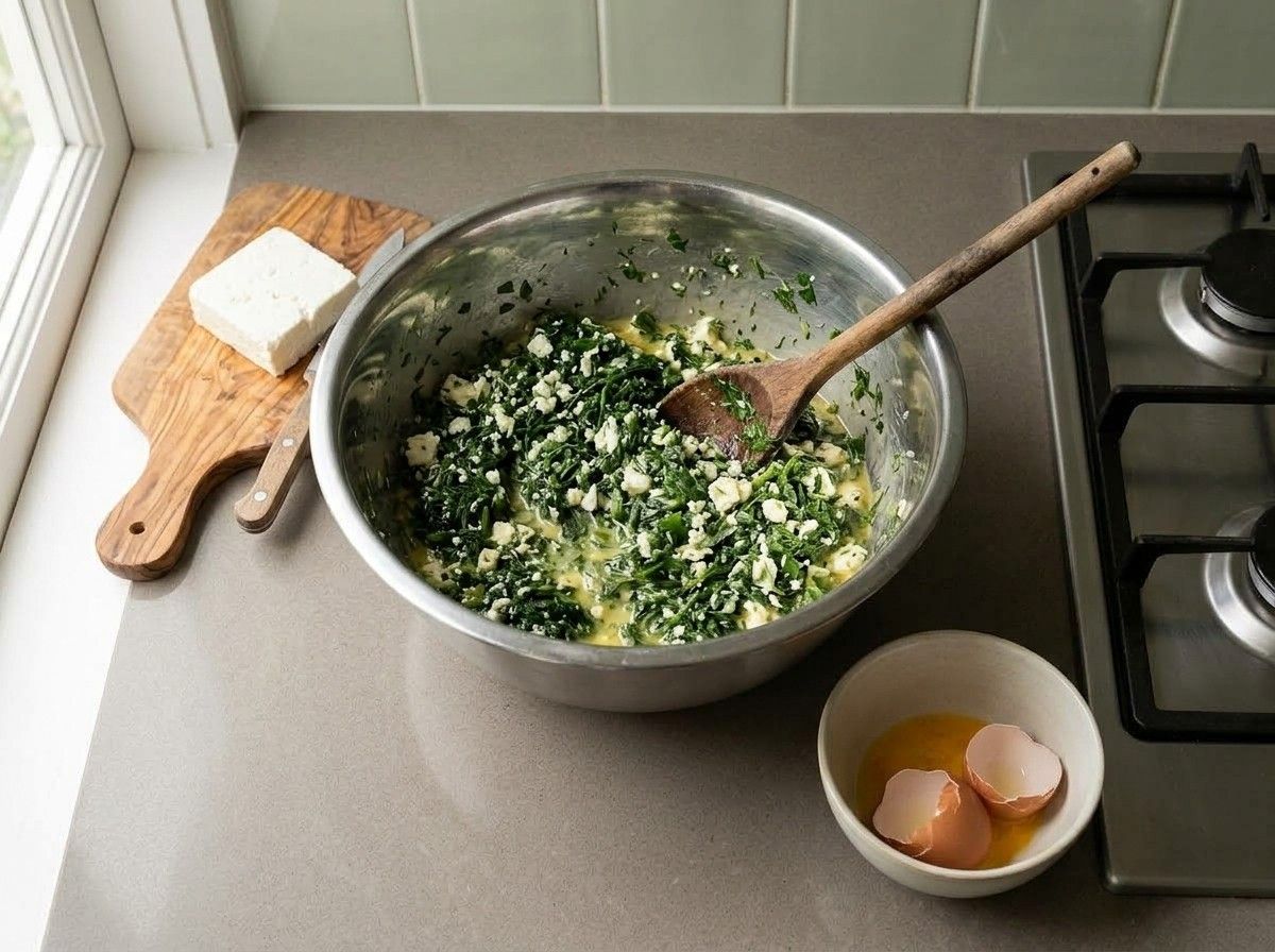 Spanakopita filling of squeezed spinach, crumbled feta, dill, parsley, mint and beaten egg in a bowl