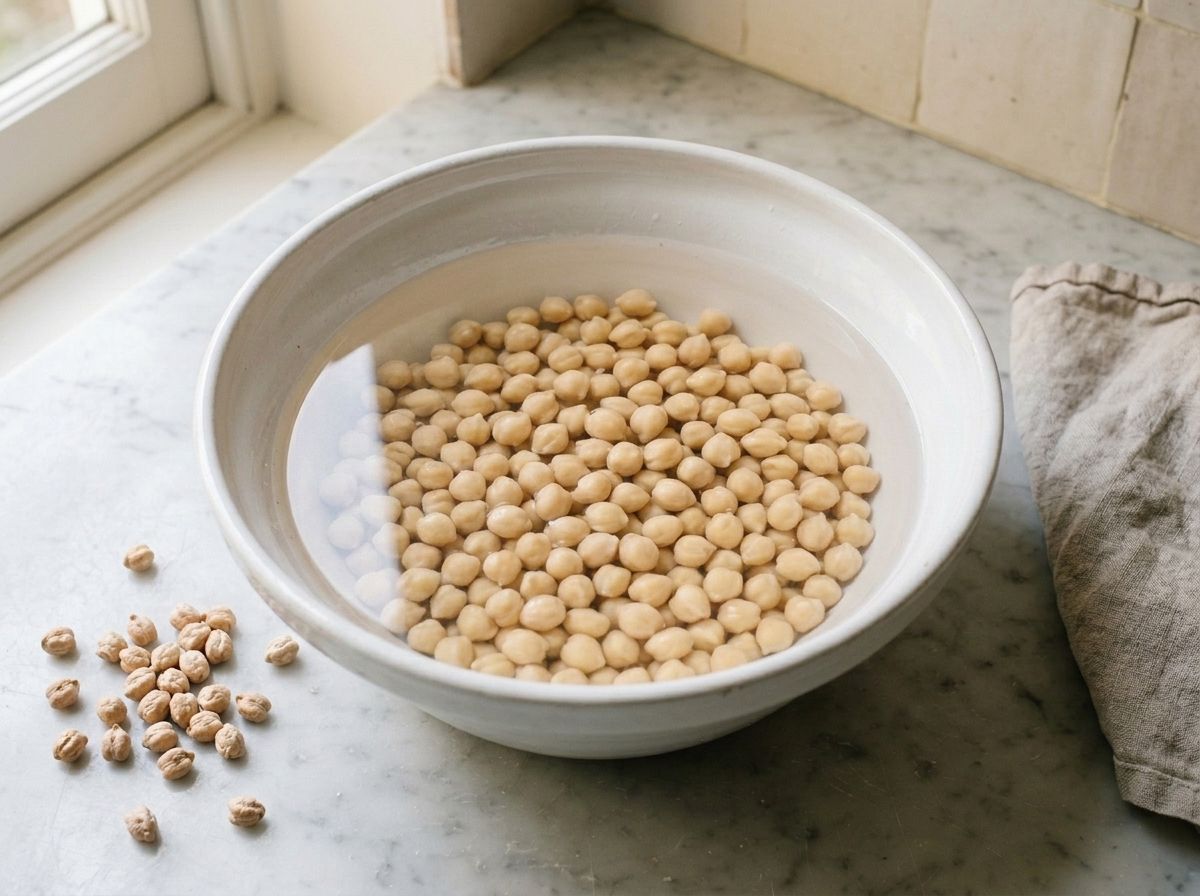 Dried chickpeas soaking under cold water in a white bowl, smaller unsoaked ones on the counter beside it