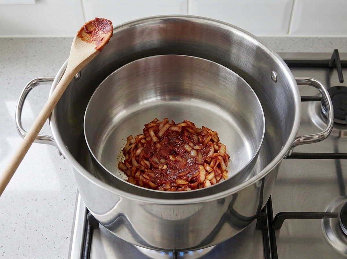 Tomato paste fried with the onion and garlic until it has darkened from bright red to deep brick