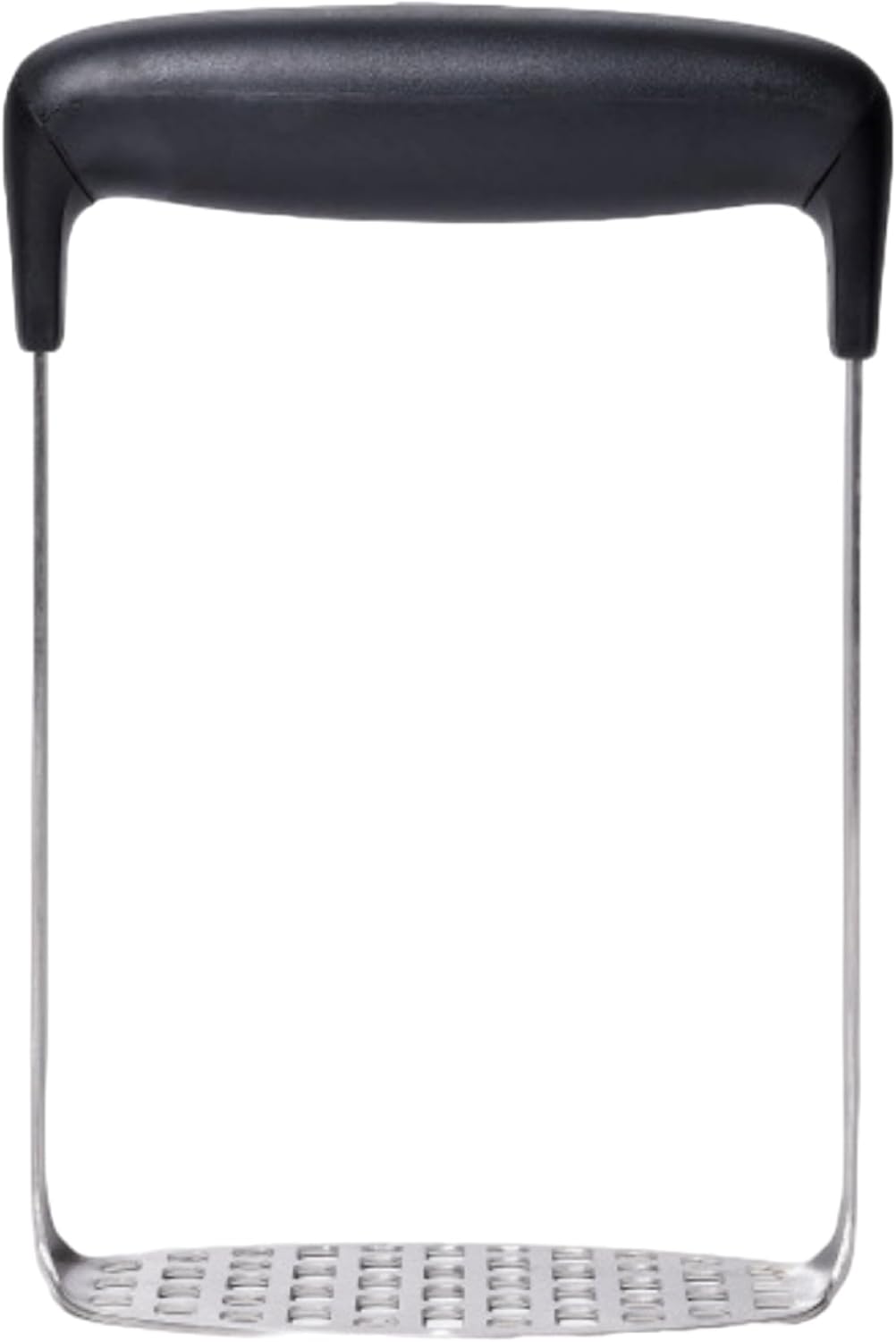Stainless steel masher with a perforated flat plate and a black grip handle