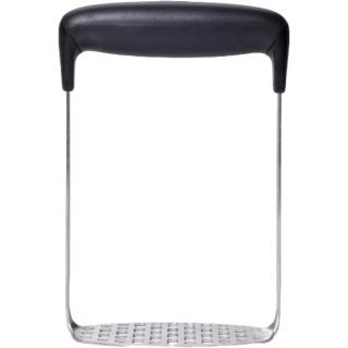 Stainless steel masher with a perforated flat plate and a black grip handle