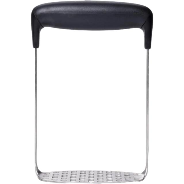 Stainless steel masher with a perforated flat plate and a black grip handle