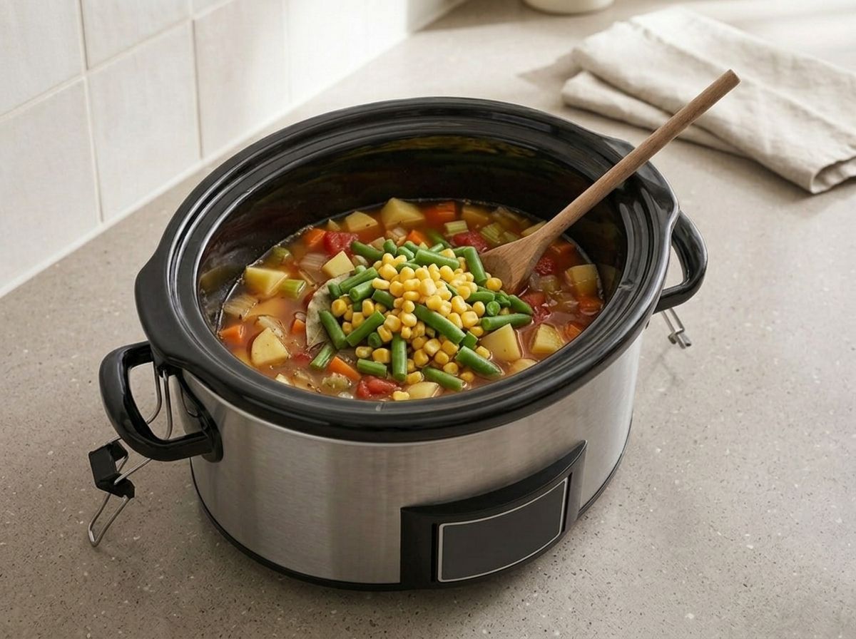 Bright green beans and golden corn heaped on top of the cooked soup in the slow cooker, not yet stirred in, with a wooden spoon resting in the pot