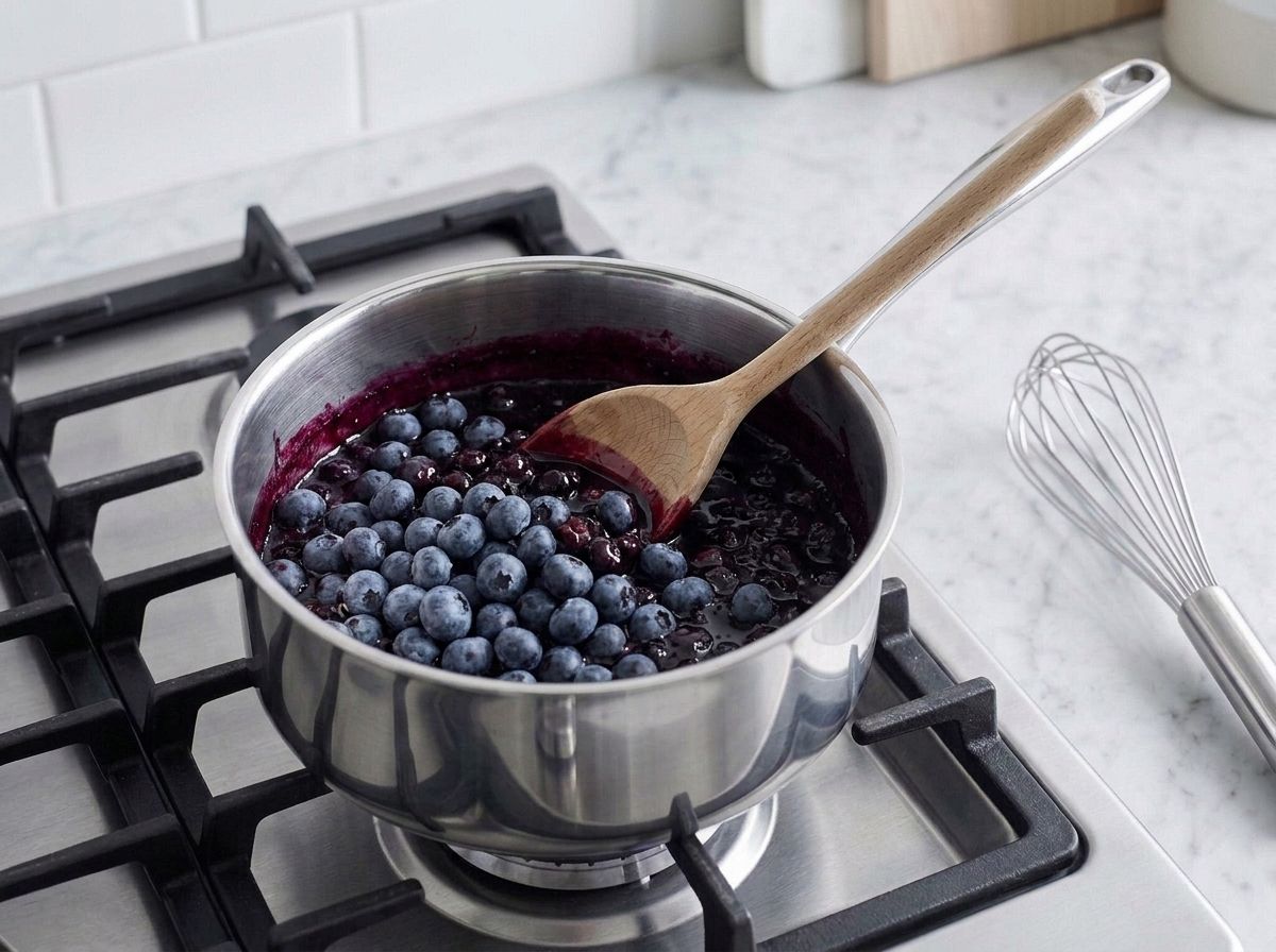 Whole raw blueberries folded into the cooked purple base in the pan, off the heat