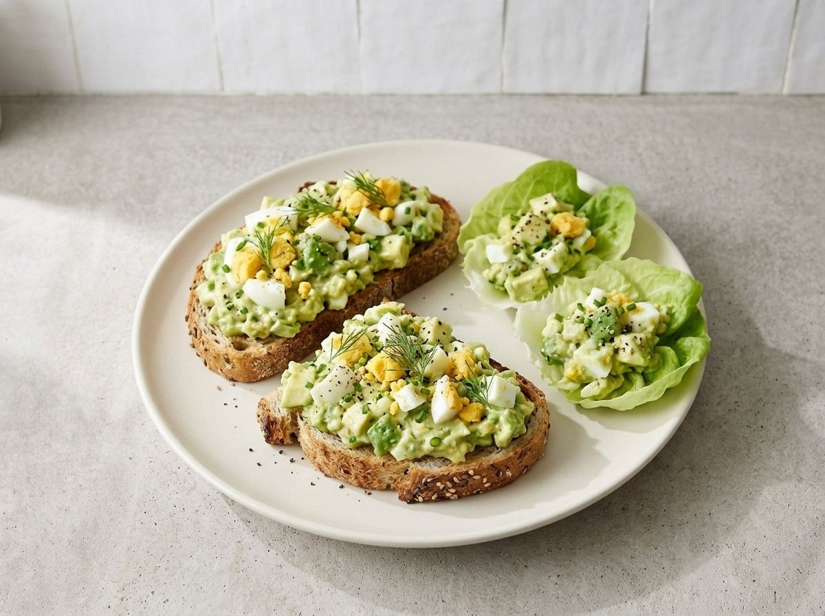 The finished avocado egg salad piled on toasted seeded sourdough and spooned into butter lettuce cups