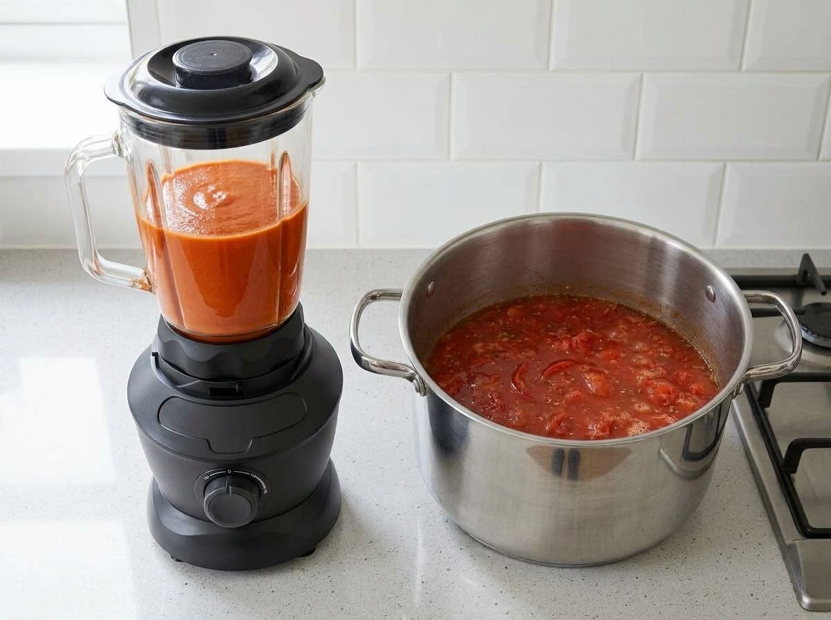 Half a jug of smooth blended soup in an upright blender beside the pot of chunky unblended soup