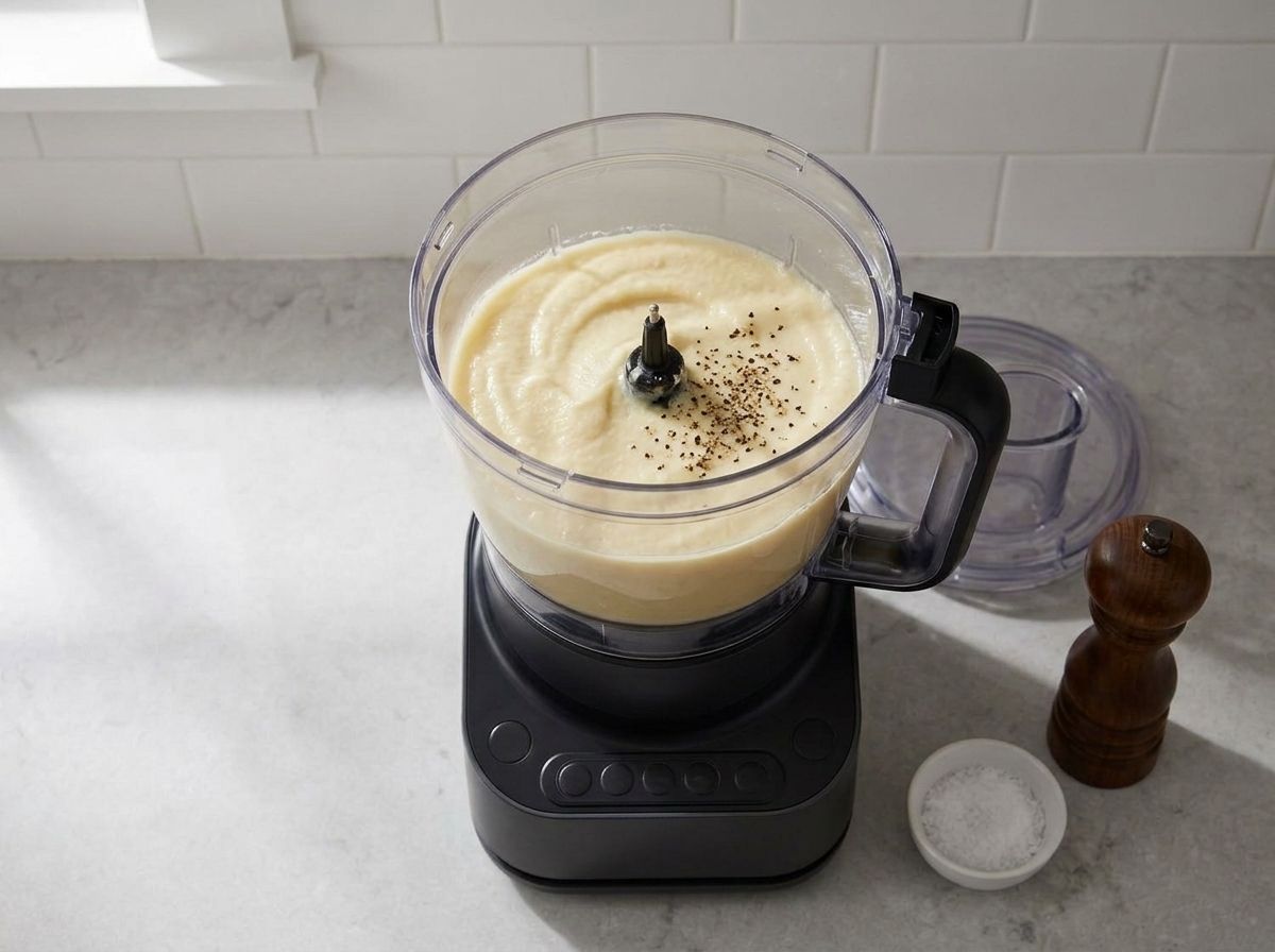 The blended cauliflower purée in the processor bowl, smooth and thick, seasoned with black pepper