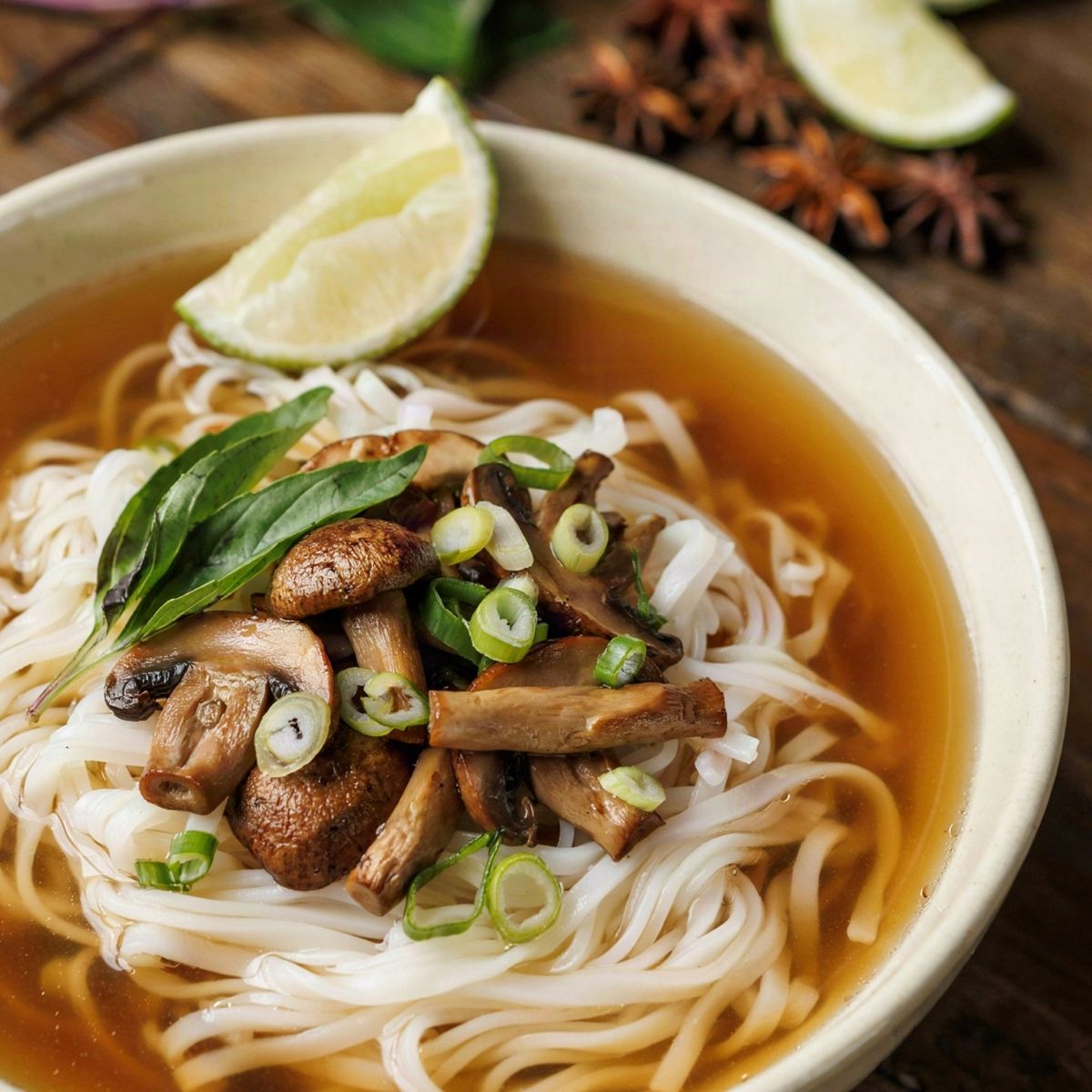 A bowl of vegetarian pho: clear amber broth over flat rice noodles, topped with seared mushrooms, scallions and basil, with a lime wedge on the rim.