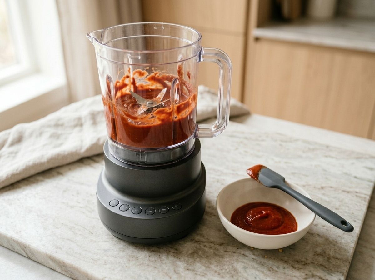 Smooth brick-red vindaloo paste blended in the blender jug, with a spoonful of it in a bowl alongside