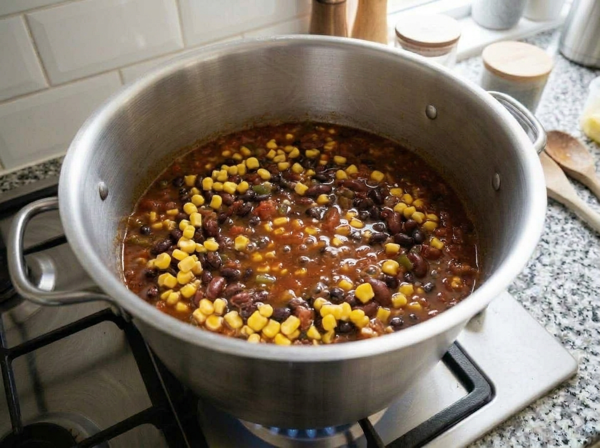 Yellow corn kernels stirred into the beans for the last few minutes of simmering