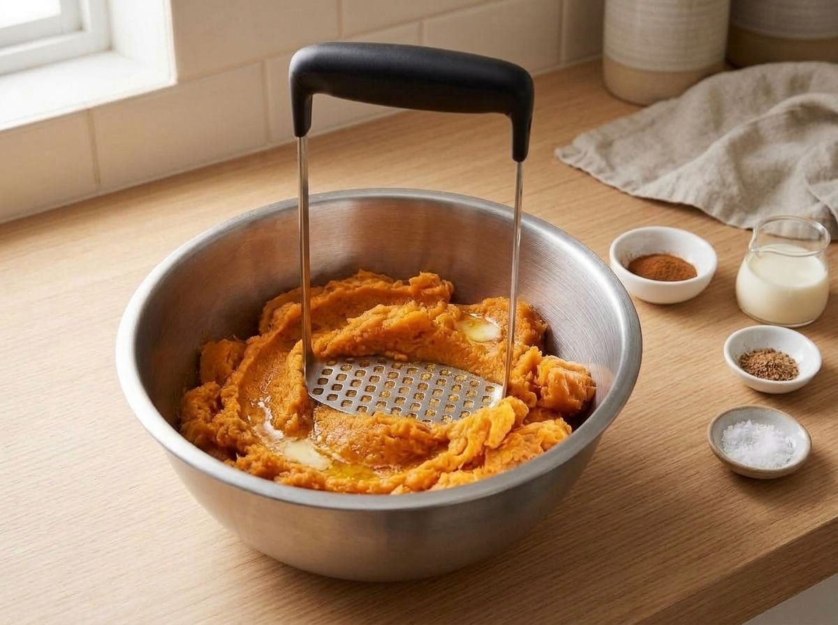 Roasted sweet potato mashed smooth in a steel bowl with a masher and small dishes of spices