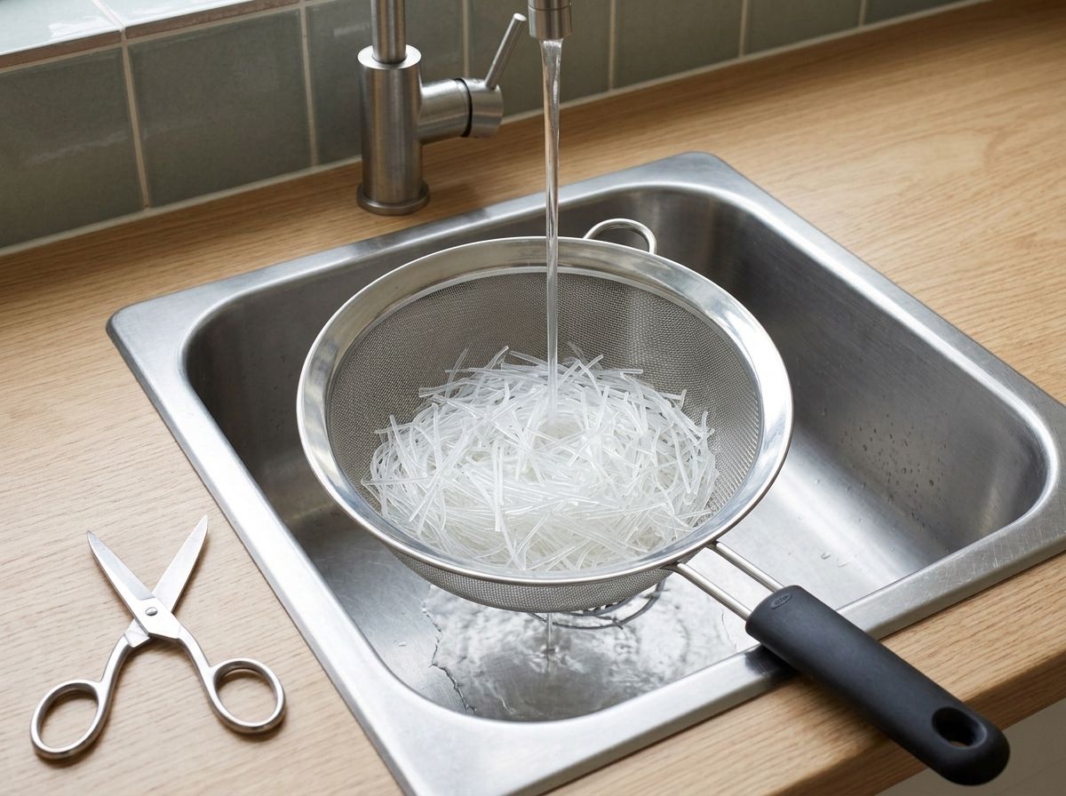 Glass noodles rinsing under running water in a fine mesh strainer in the sink, cut into short pieces with the scissors set aside on the worktop