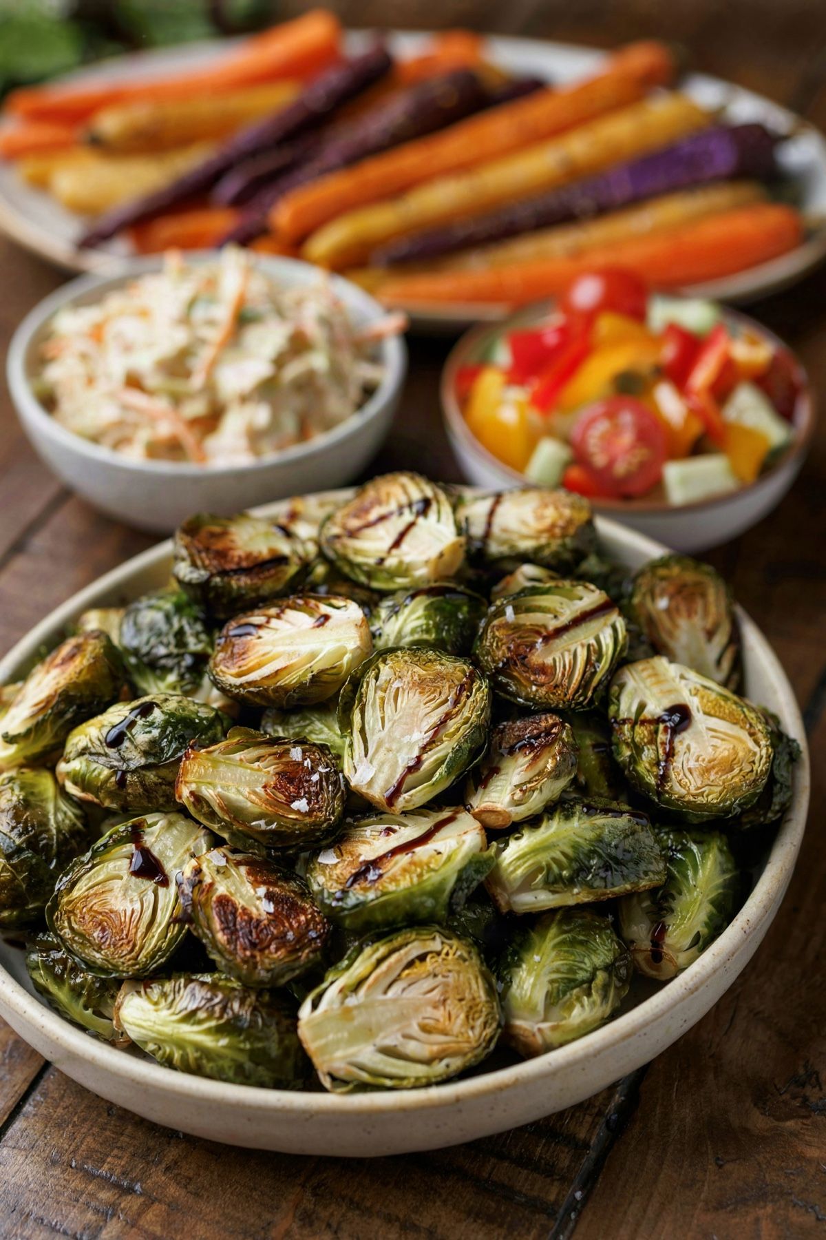 Four vegetable side dishes on a dark wooden table: a bowl of roasted Brussels sprouts with balsamic glaze in front, with whole roasted rainbow carrots, creamy coleslaw and a chopped pepper, cucumber and tomato salad behind.