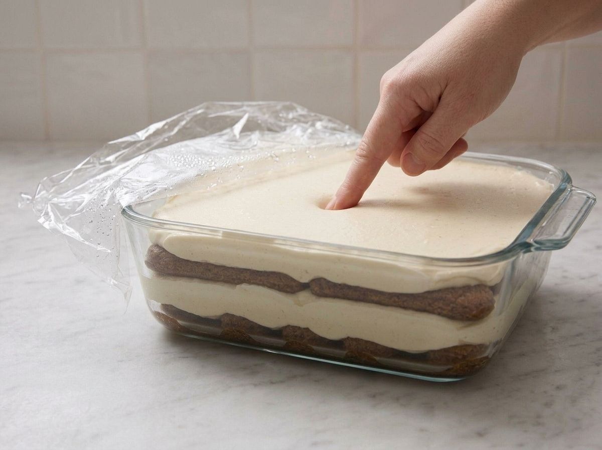 A fingertip pressing the chilled tiramisu, the surface springing back to show the cream has set