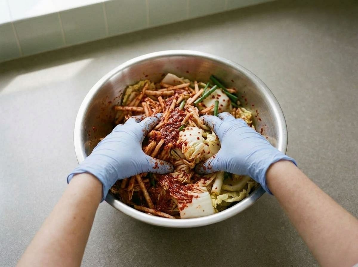 Gloved hands rubbing the red paste into salted cabbage, radish and scallions