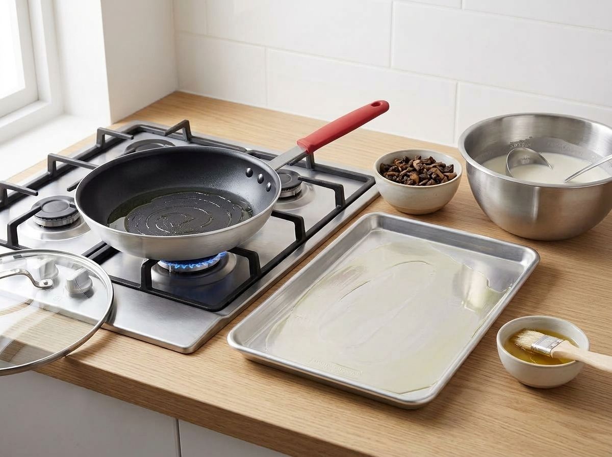 An oiled non-stick skillet heating on the hob with an oiled baking sheet, shallot oil and brush, the filling and the batter set out beside it