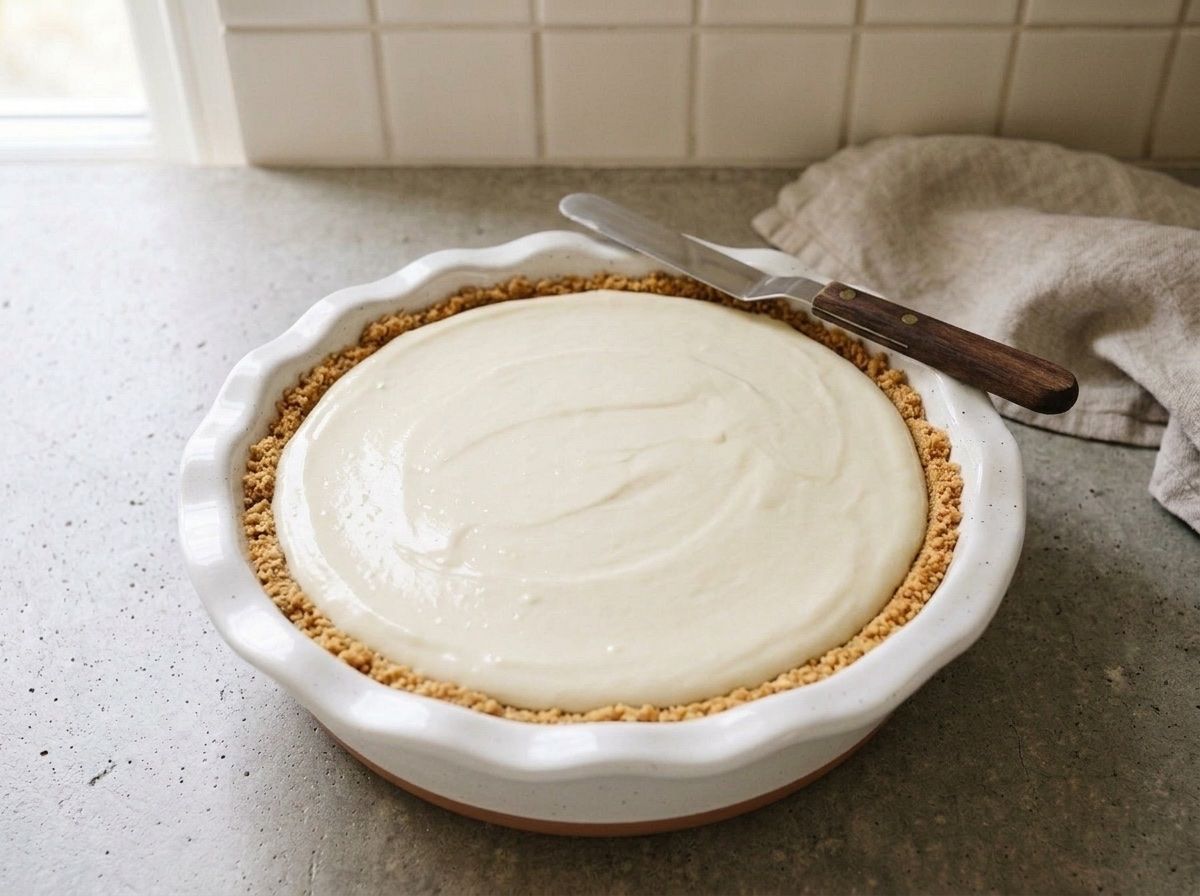 Pale ivory filling poured into the chilled graham cracker crust and smoothed level