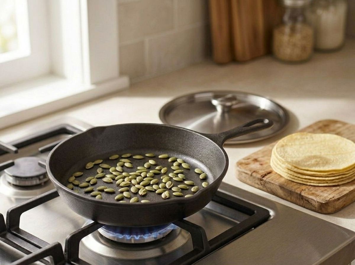 Pale green pumpkin seeds toasting in a dry skillet until they puff and split