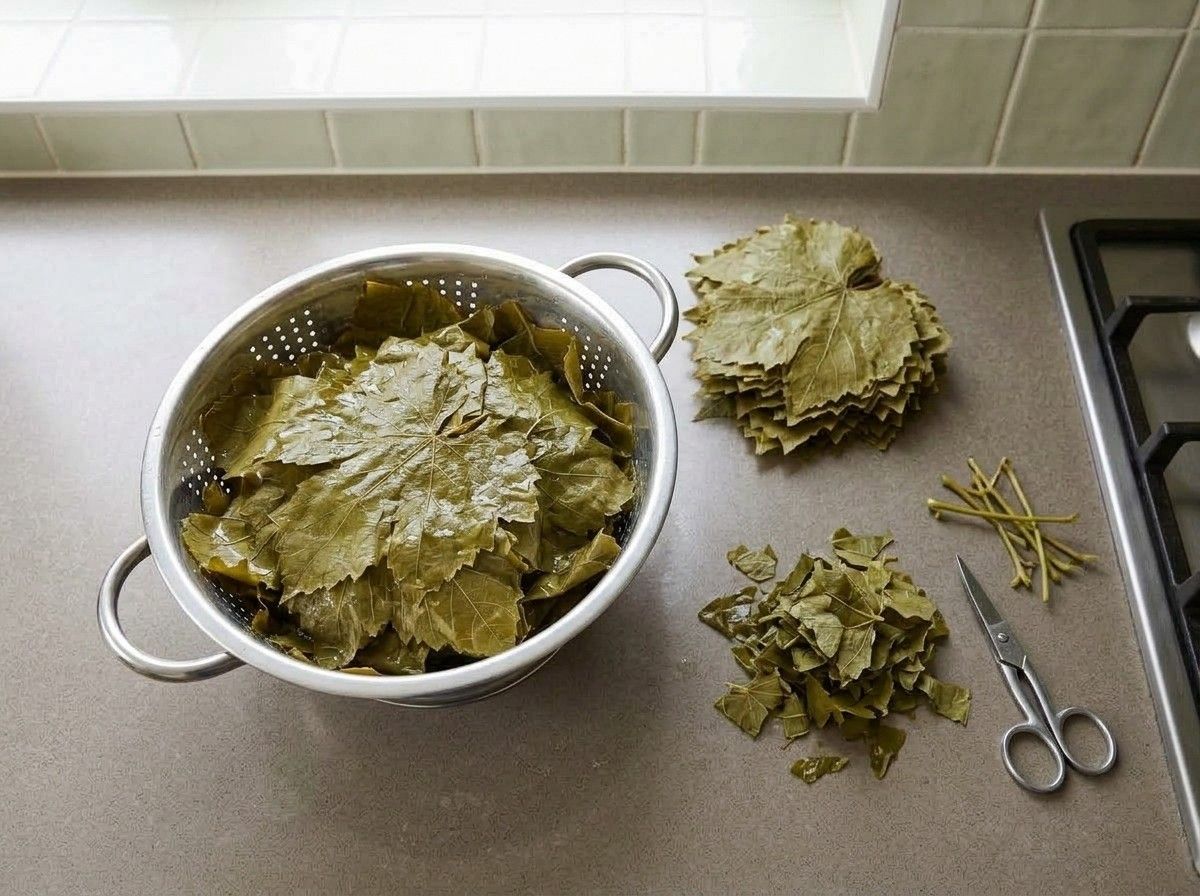Rinsed grape leaves draining in a colander, with stems snipped off and torn leaves set aside
