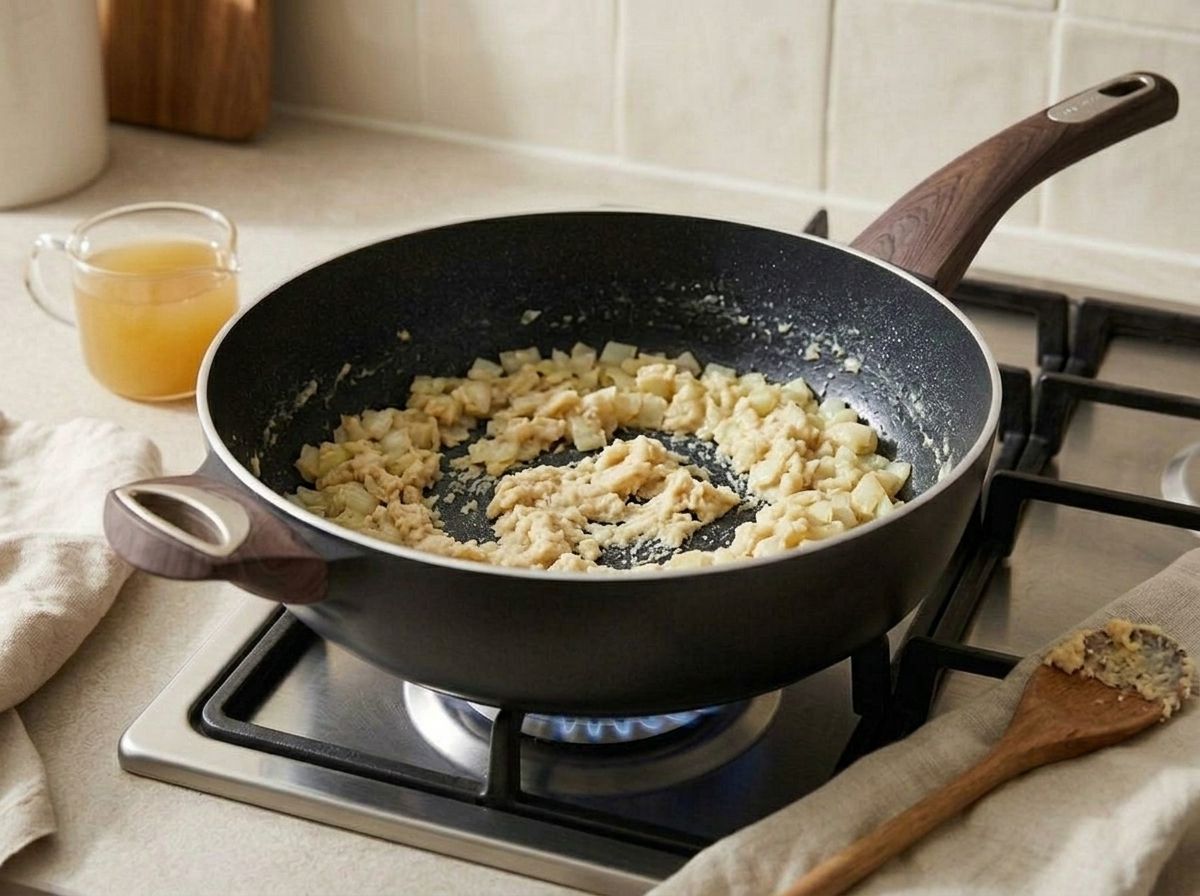 Flour stirred into the buttery onion until it looks like damp sand, a jug of vegetable broth waiting beside the pan
