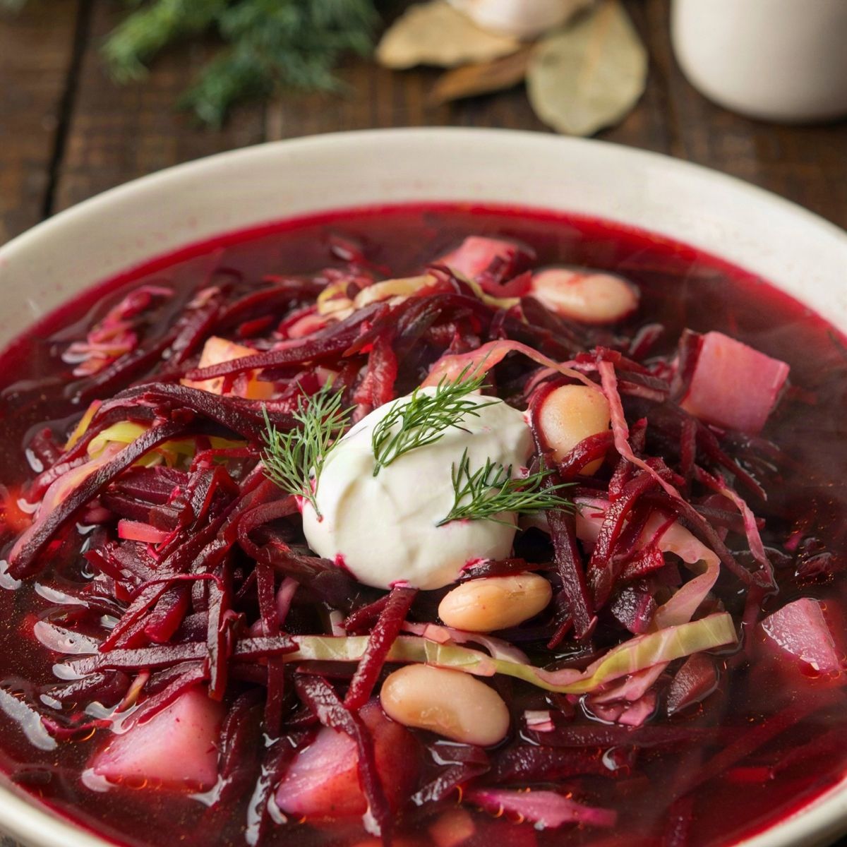 Vegetarian borscht in a cream bowl, a deep crimson soup of shredded beets, cabbage ribbons, potato and white beans, topped with sour cream and fresh dill.